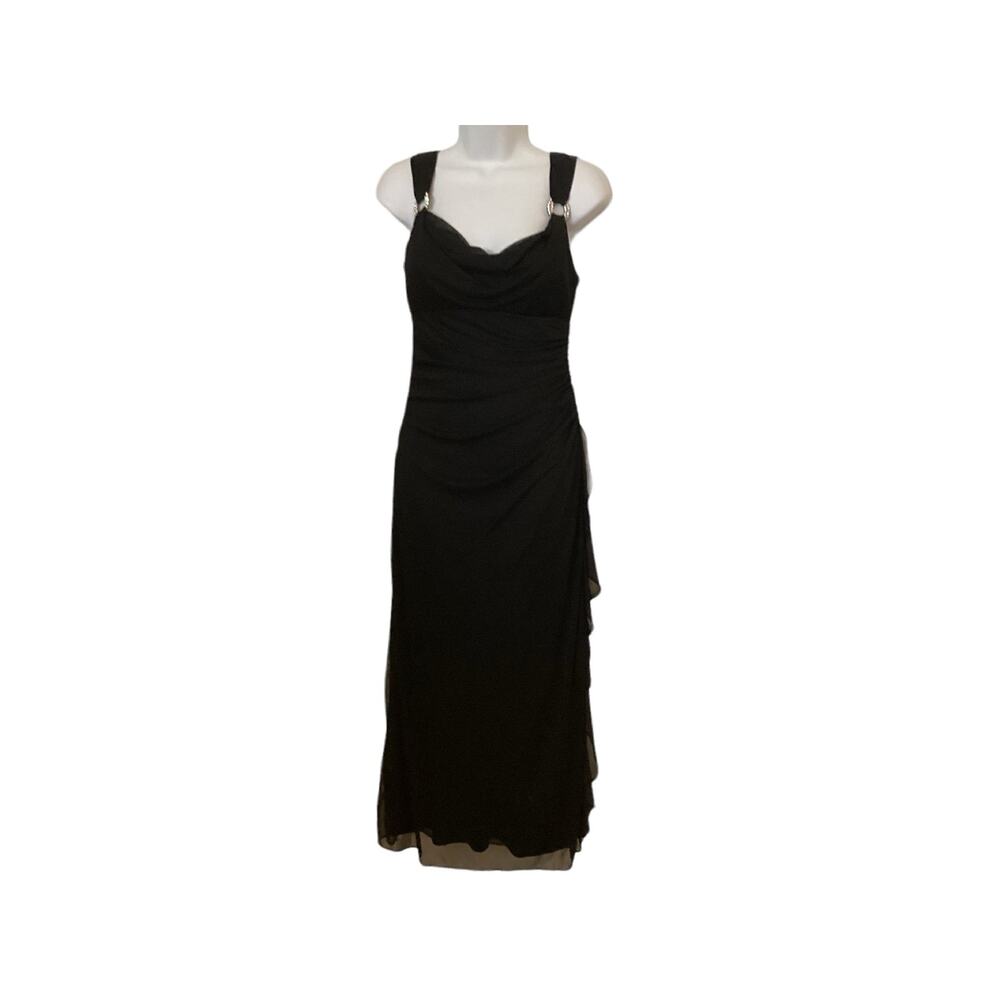 Betsey & Adam Maxi Gown Black Zips Side View-Neck Rhinestone Holding Straps.  6P